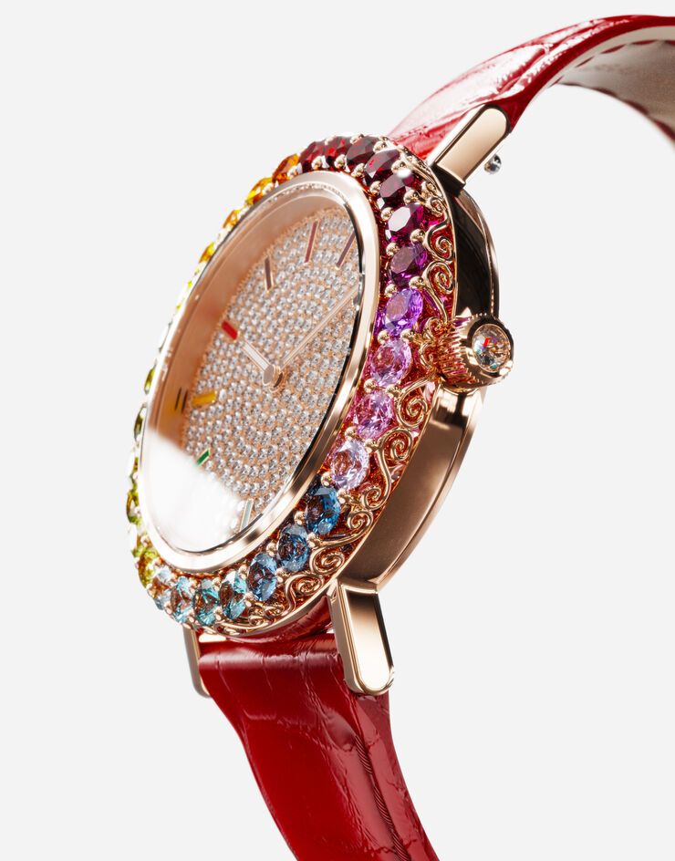 Dolce & Gabbana 멀티컬러 고급 젬스톤 & 다이아몬드 장식 로즈 골드 아이리스 워치 레드 WWLB2GXA0XA