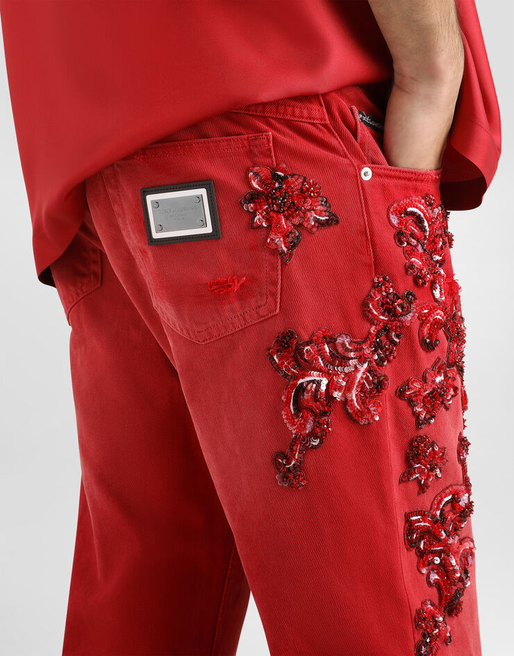 Dolce & Gabbana Denim trousers with crystals Red GYJCCZG8PP6