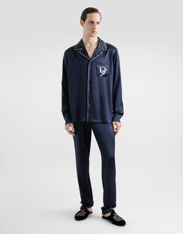 Dolce & Gabbana Silk vanity shirt with logo embroidery Blue G5IF1ZFU1AU