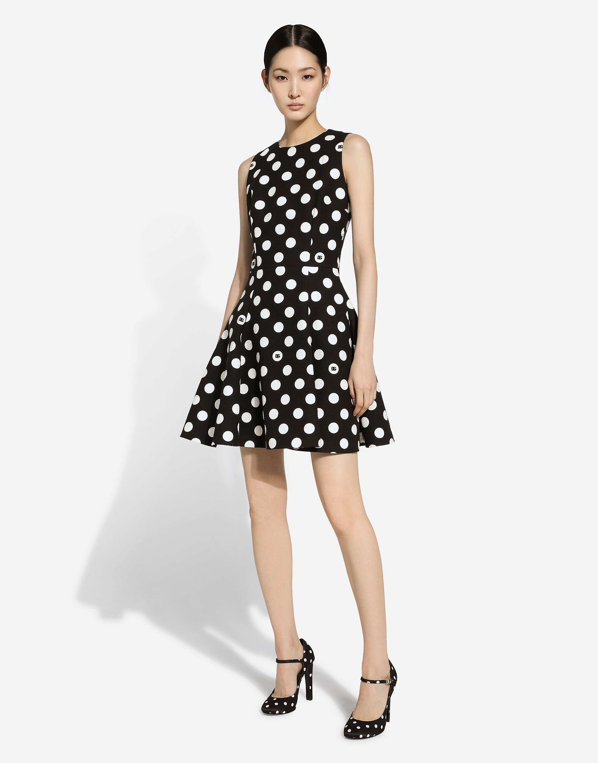 Short cotton rush stitch brocade dress with polka dot print in Print for Women Dolce Gabbana