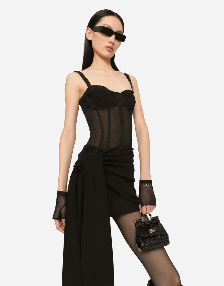 Dolce & Gabbana Kurzes Kleid mit Bustierdetail aus Jersey aus Milano Ripp Schwarz F6AUHTFUGN7