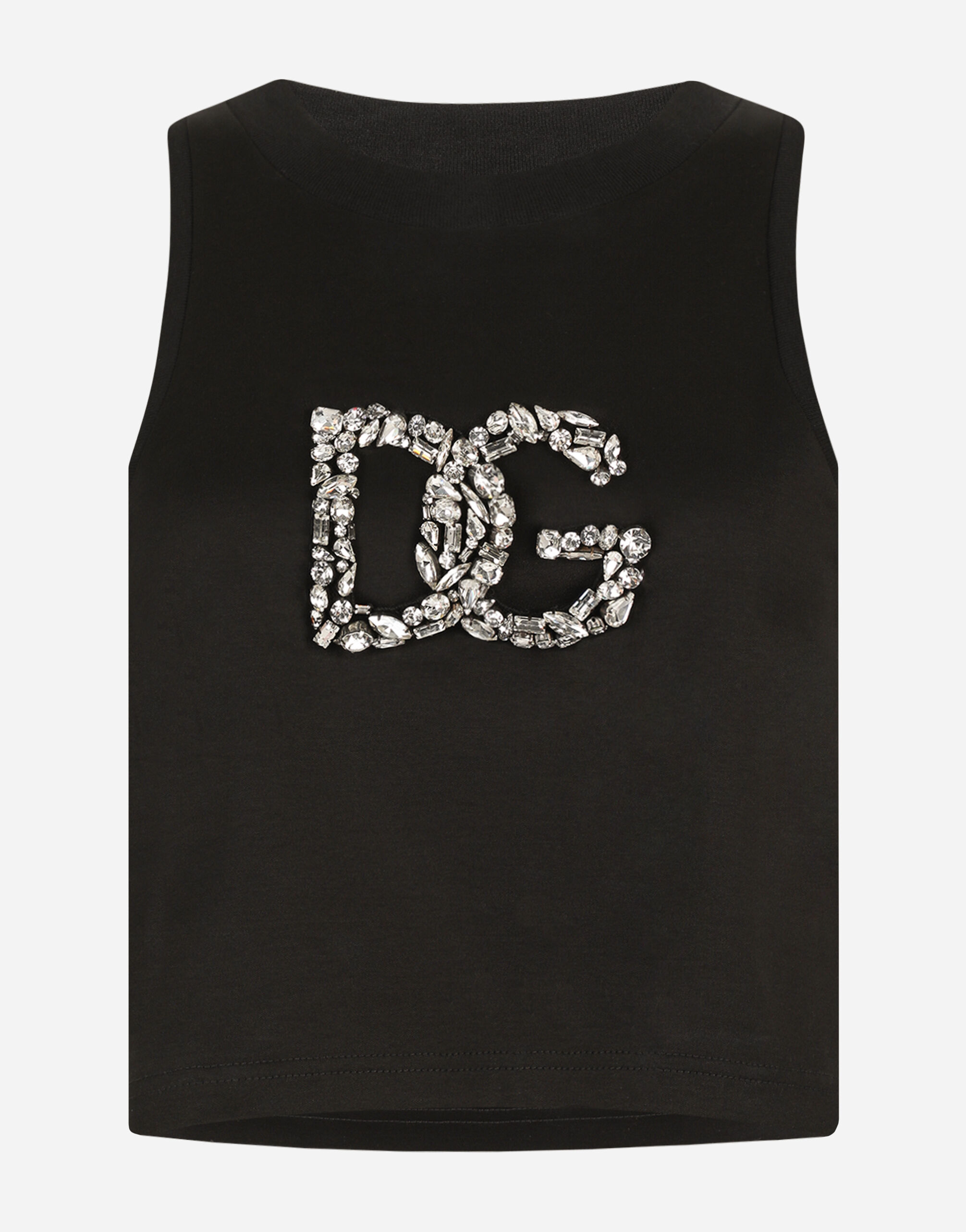 Dolce&Gabbana Cropped jersey tank top with crystal DG embellishment White G8PV0TG7F2I