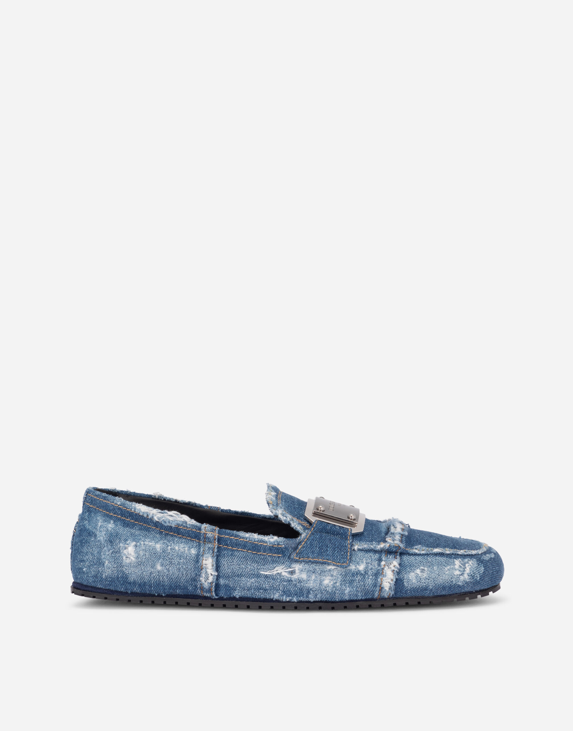 Dolce & Gabbana Mokassin aus Patchwork-Denim mit Logoplakette Grau A50593AS707