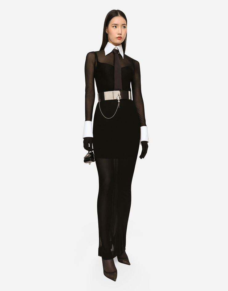 Dolce & Gabbana KIM DOLCE&GABBANA Langes Kleid aus Tüll mit Blusen-Details Schwarz F6CMDTFLRC2