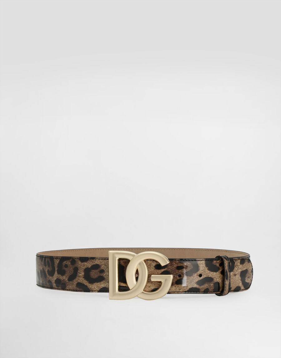 Leopard-print glossy calfskin belt with DG logo