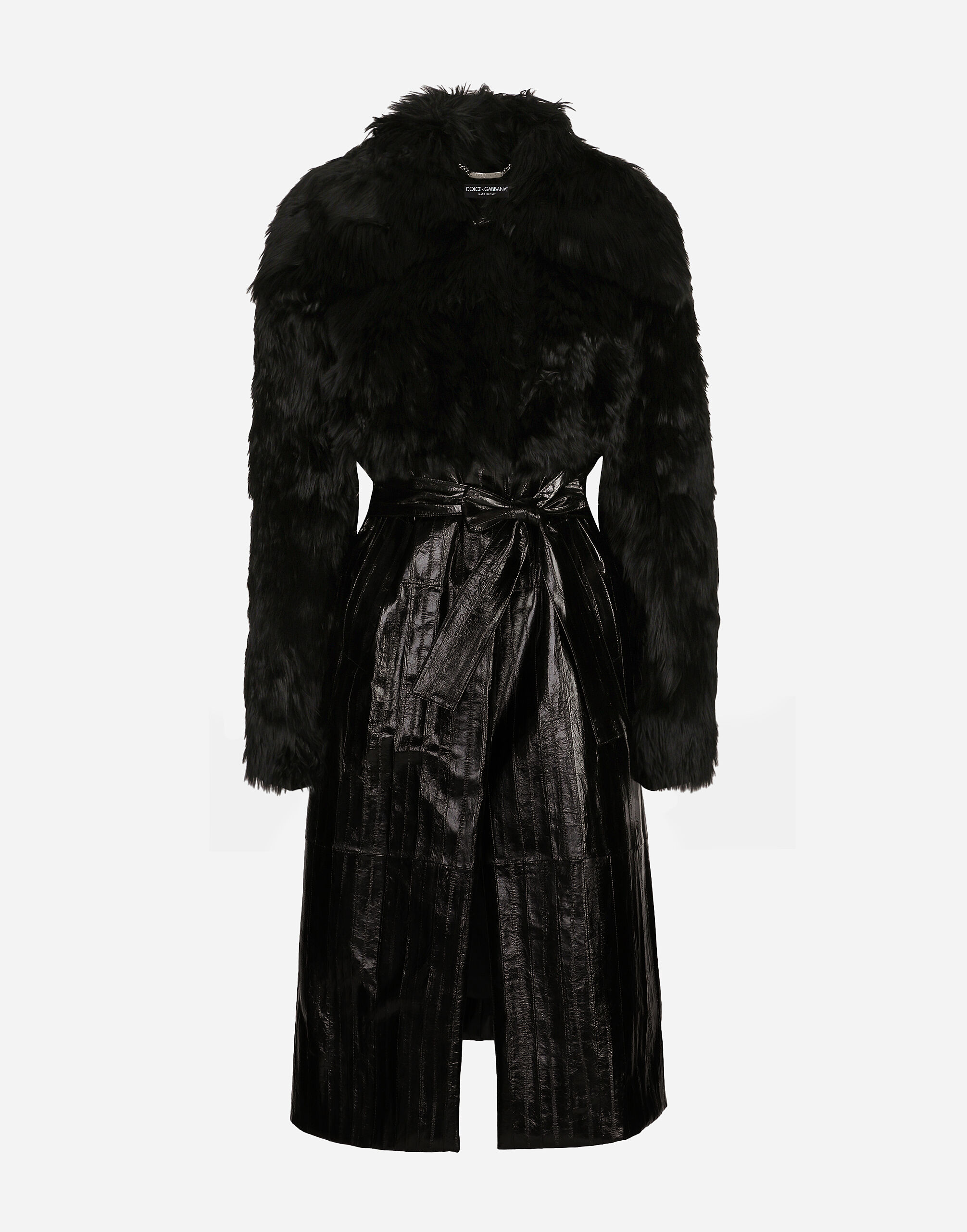 Alpaca and eel skin single breasted coat with belt in Black for Women Dolce Gabbana