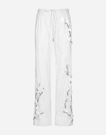 Dolce & Gabbana Pantalón de popelina a rayas con bordado Beige G2SZ6TFUBGF