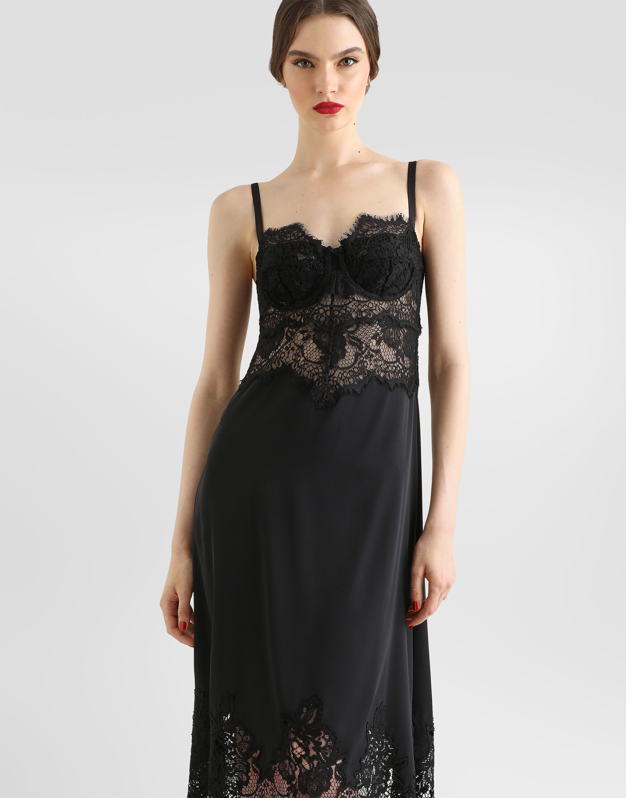 Lace and charmeuse calf-length slip dress in Black for Women