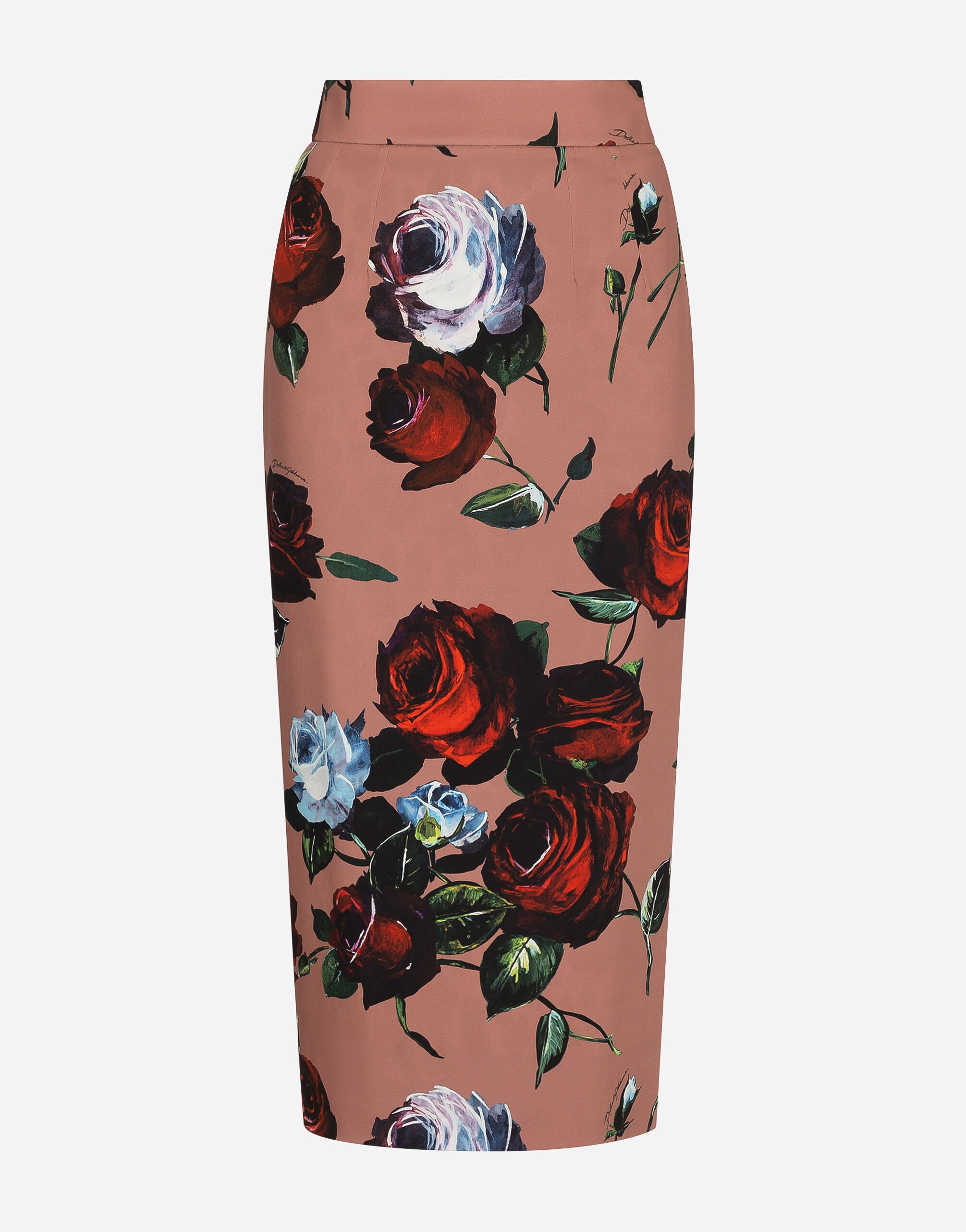 Dolce & Gabbana Charmeuse calf-length skirt with vintage rose print Print F4CWBTHS5R7