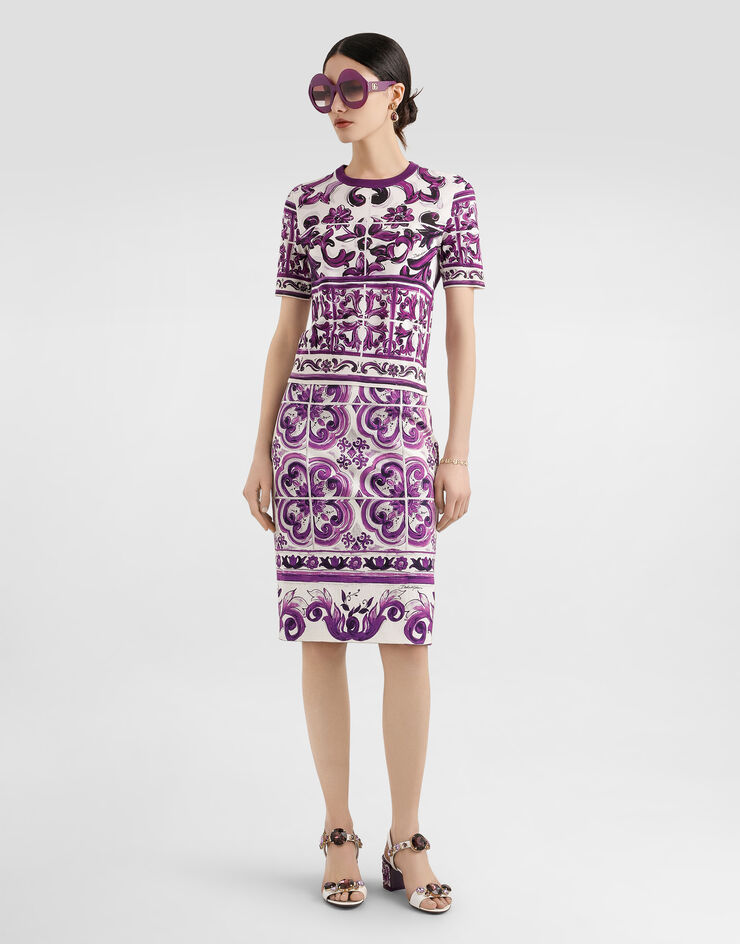 Dolce & Gabbana Jersey de seda con estampado de mayólica Multicolor FXX03TJAHKG