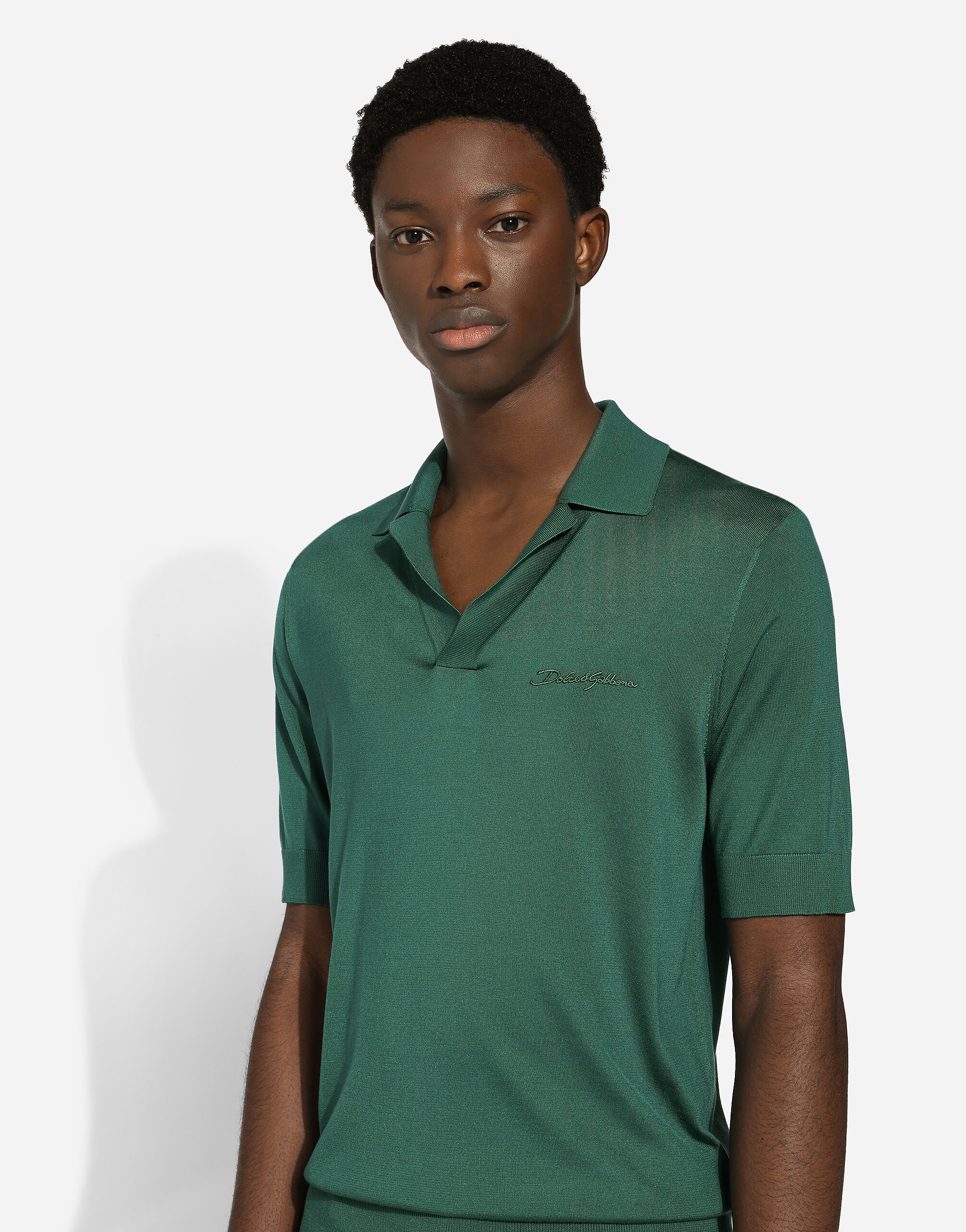 Silk polo shirt with Dolce Gabbana embroidery in Green for Men Dolce Gabbana US