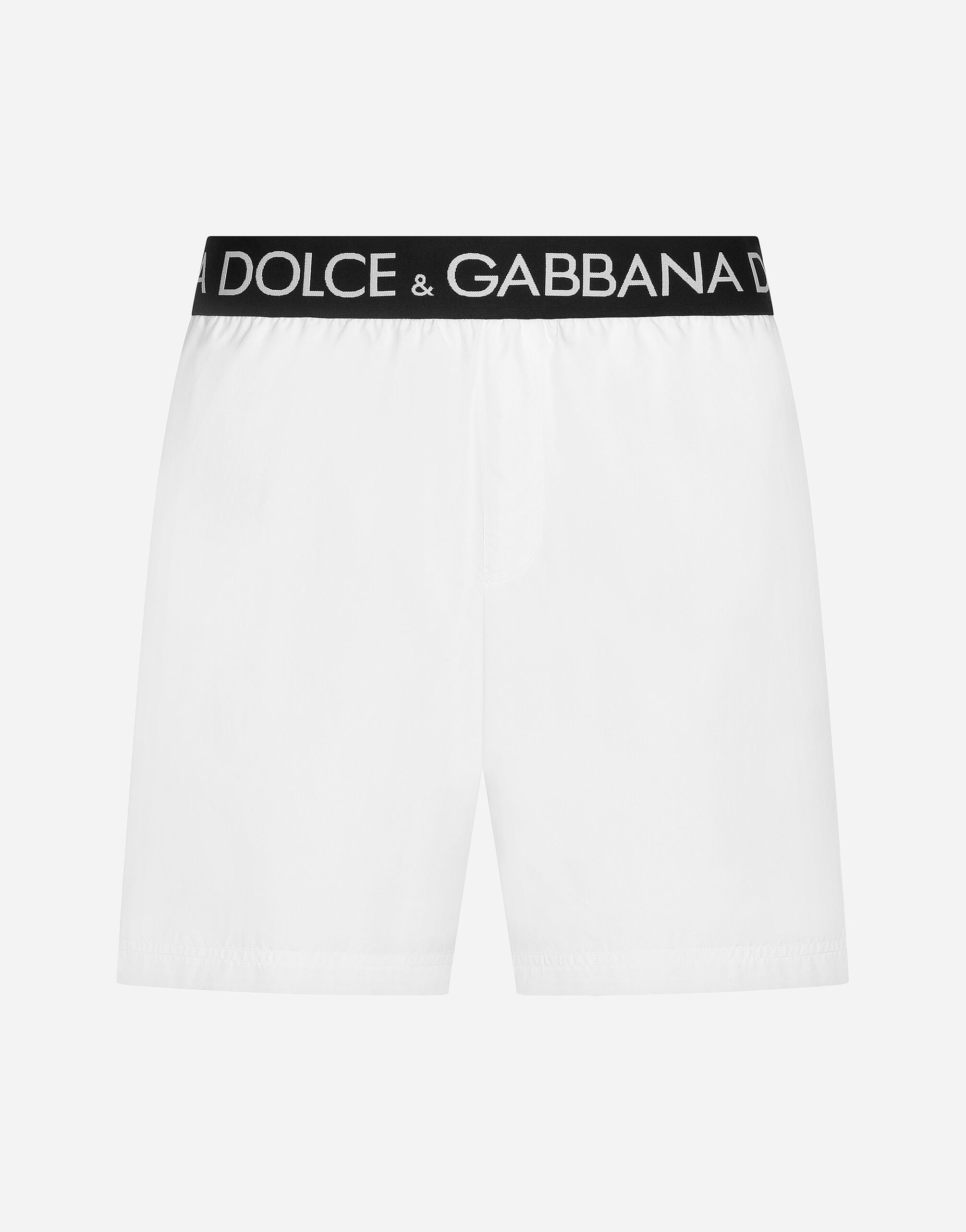 Mid length swim trunks with branded stretch waistband in White for Men Dolce Gabbana