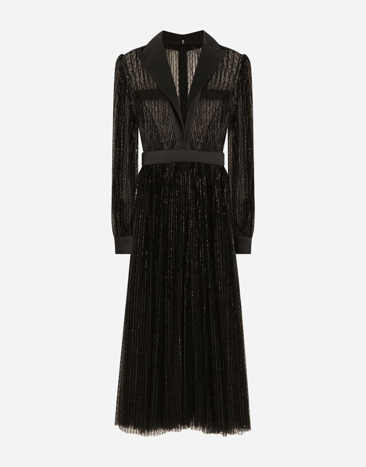 Dolce & Gabbana Longuette-Hemdblusenkleid im Smokingstil aus paillettenbesetztem Tüll Schwarz F6JOKTILMA3