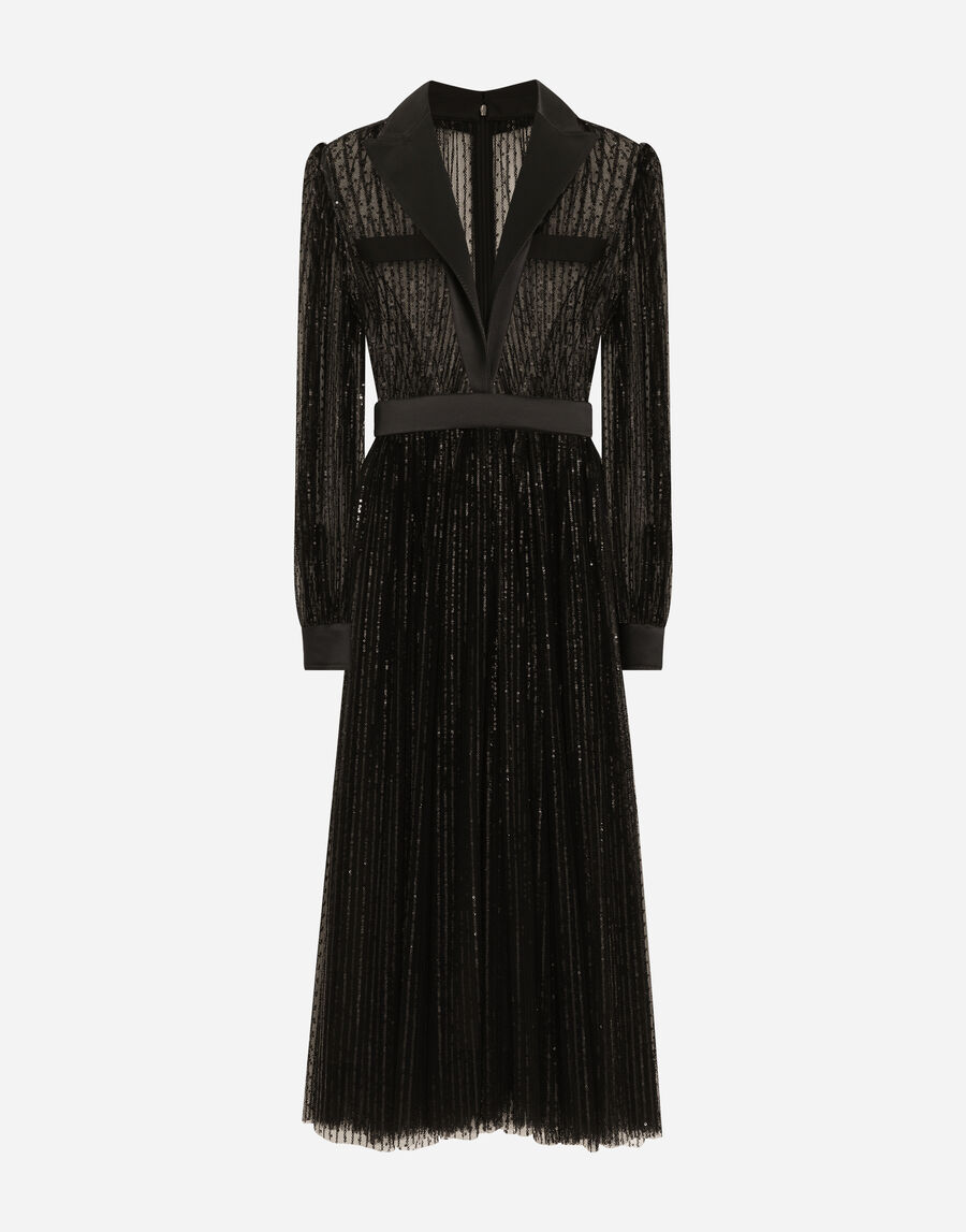 Calf-length tulle tuxedo shirt dress with sequin embellishment