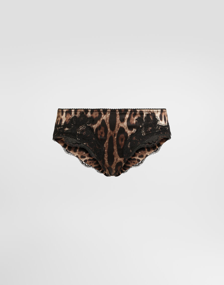 Leopard-print satin briefs with lace detailing