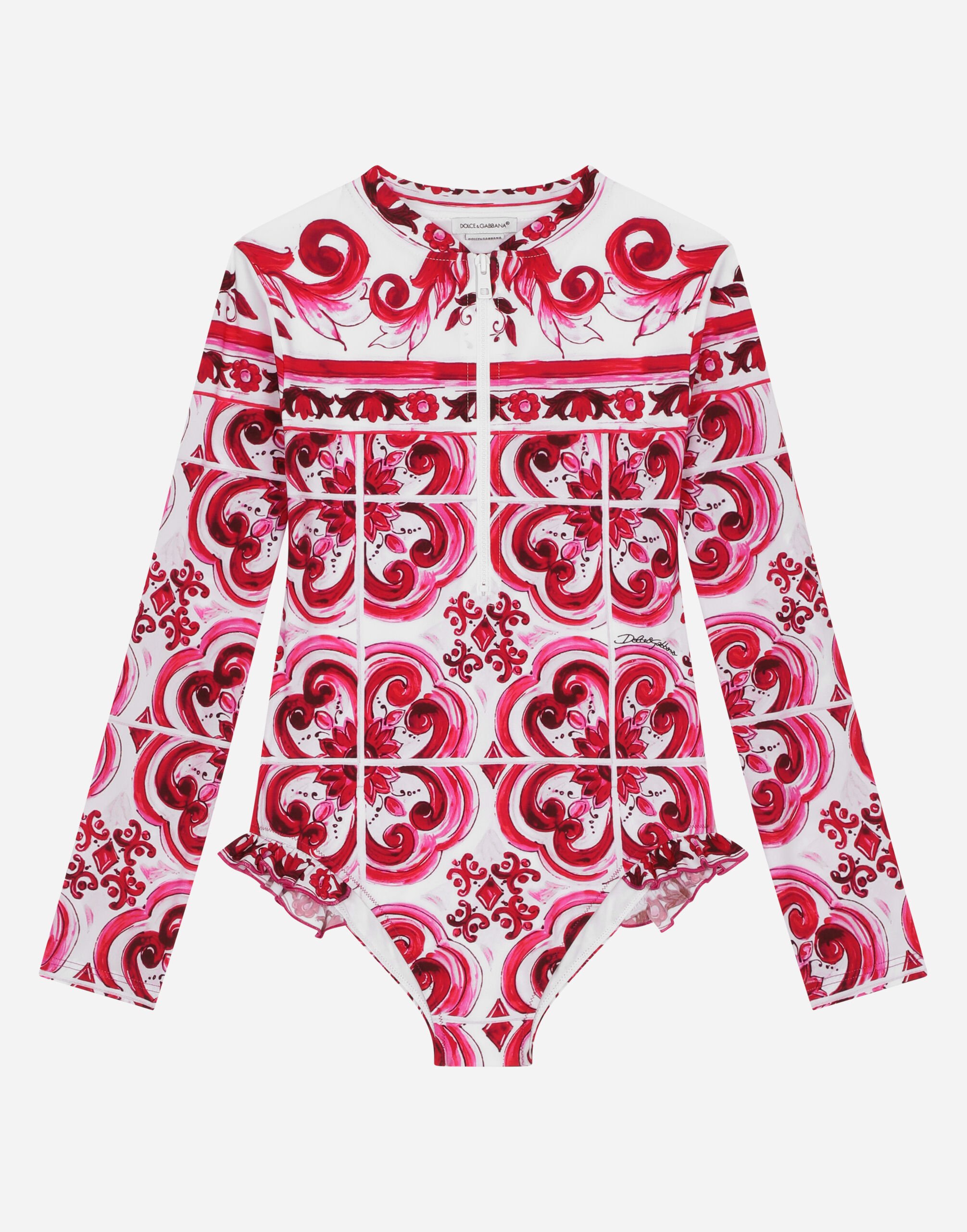 DolceGabbanaSpa Long-sleeved majolica-print one-piece swimsuit Multicolor L5J829G7J5H
