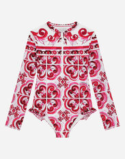 Dolce & Gabbana Long-sleeved majolica-print one-piece swimsuit Multicolor L5J831FSG3I
