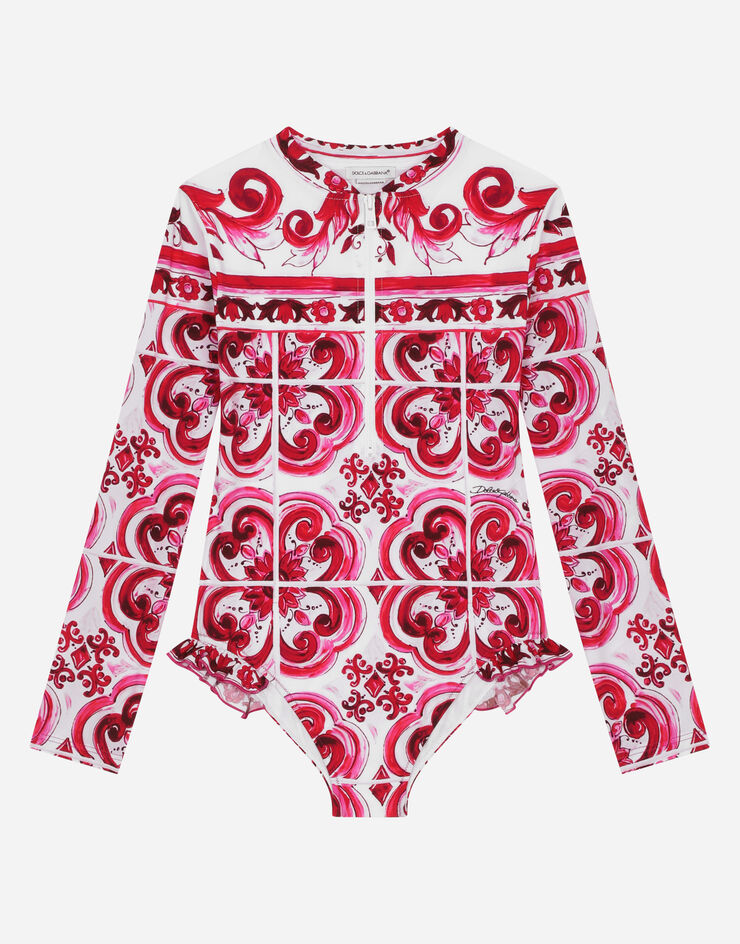 DolceGabbanaSpa Long-sleeved majolica-print one-piece swimsuit Multicolor L5J839G7J5J