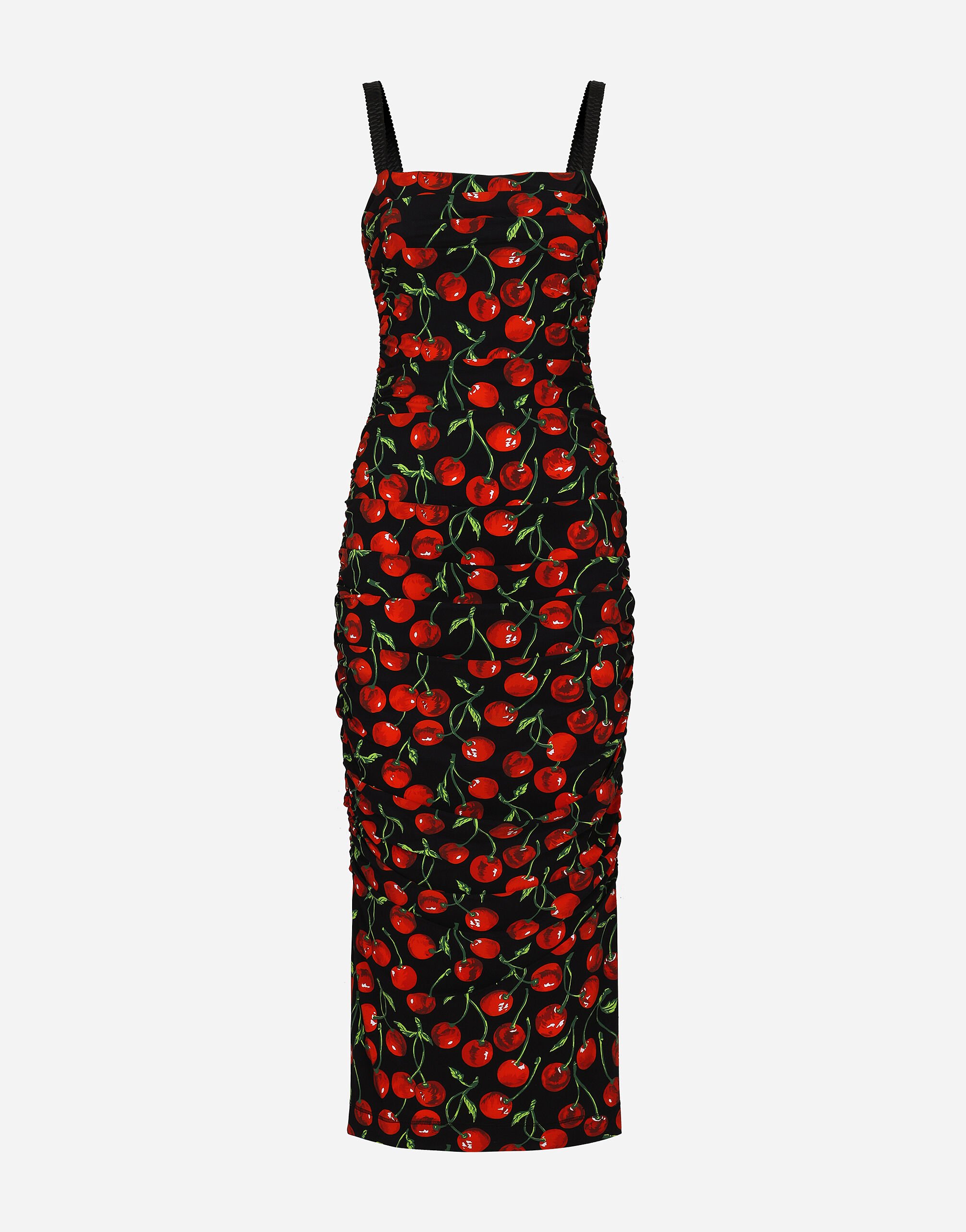 Dolce&Gabbana Vestido longuette drapeado de punto elástico con estampado de cerezas Multicolor F771ITFSG54