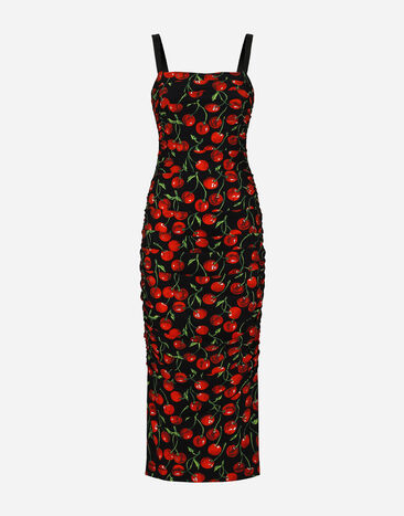 Dolce&Gabbana Vestido longuette drapeado de punto elástico con estampado de cerezas Negro F6BEZZFLRC2