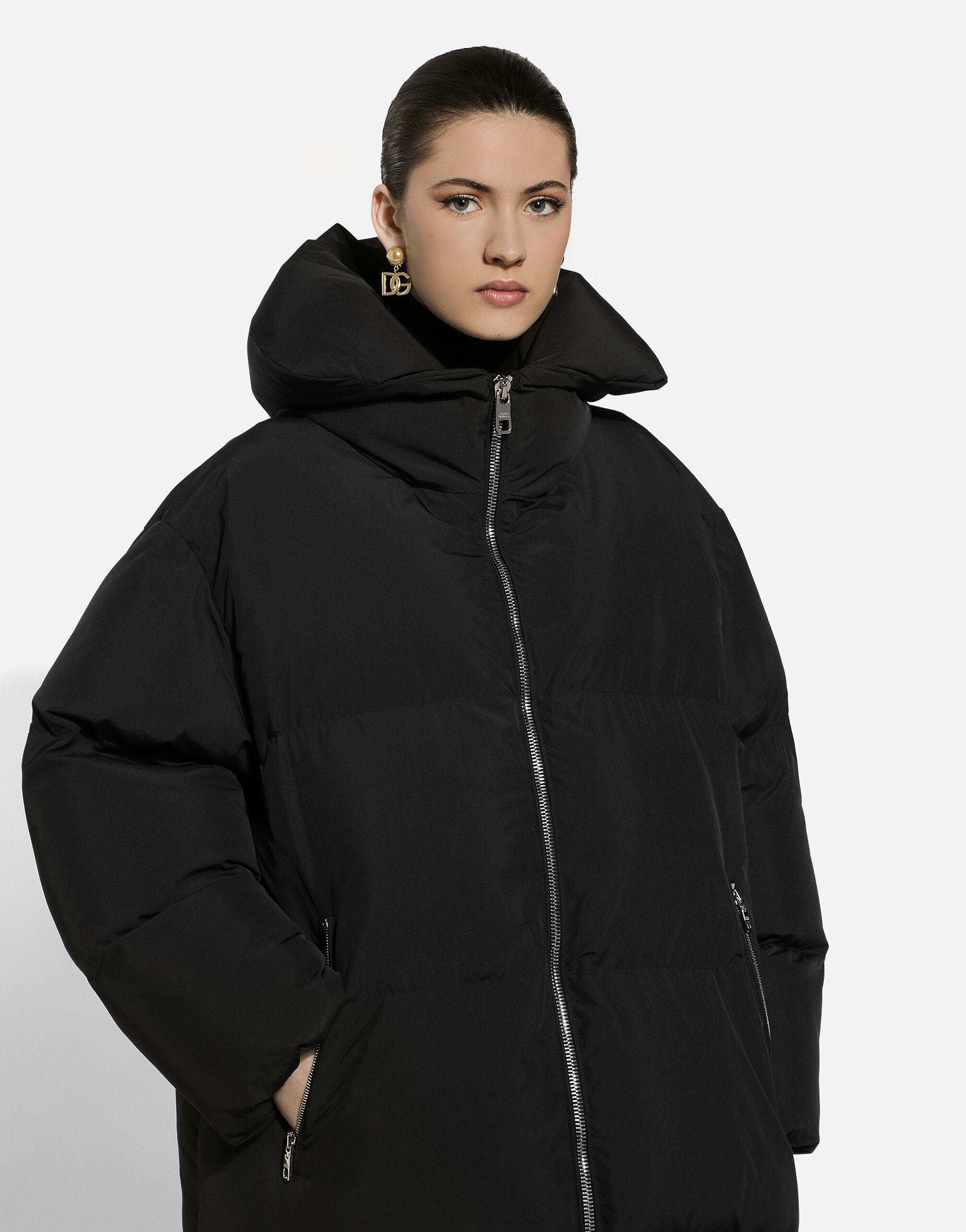 Long padded down jacket with branded tag in Black for Women | Dolce&Gabbana®
