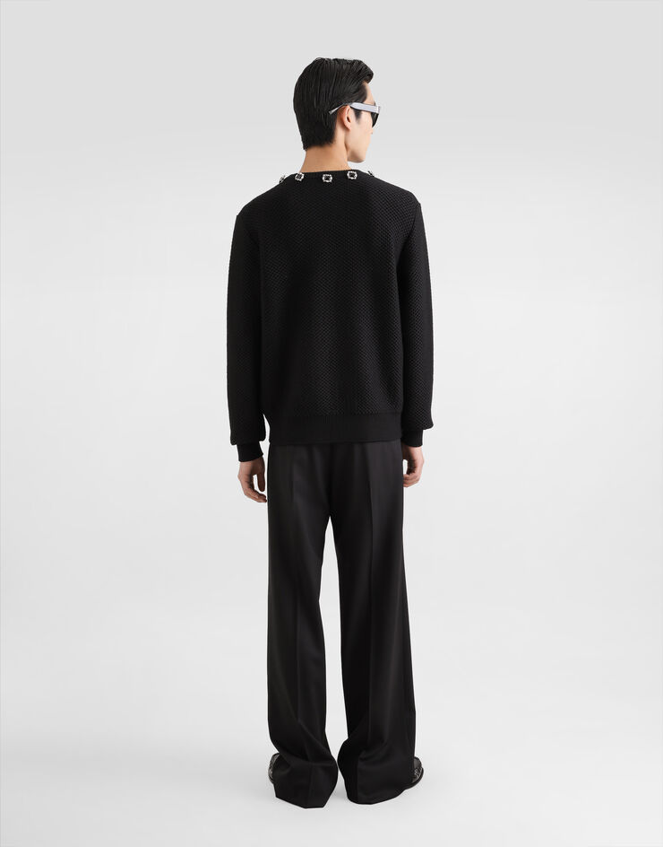 Dolce & Gabbana Pull ras de cou en laine à broderie et boutons bijou Noir GXX01ZJCVWS