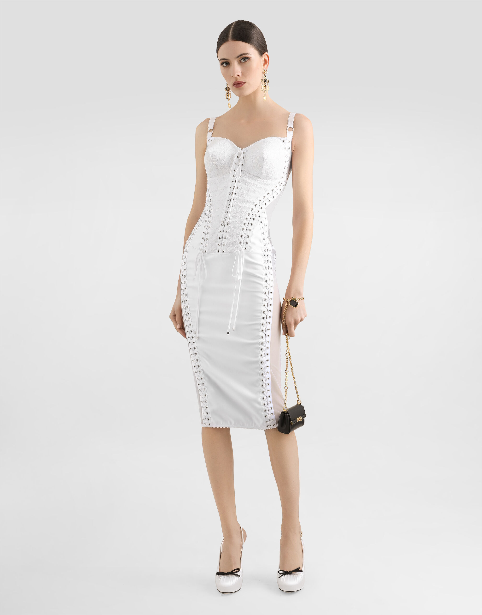Lace and satin calf-length dress with corset details in White for
