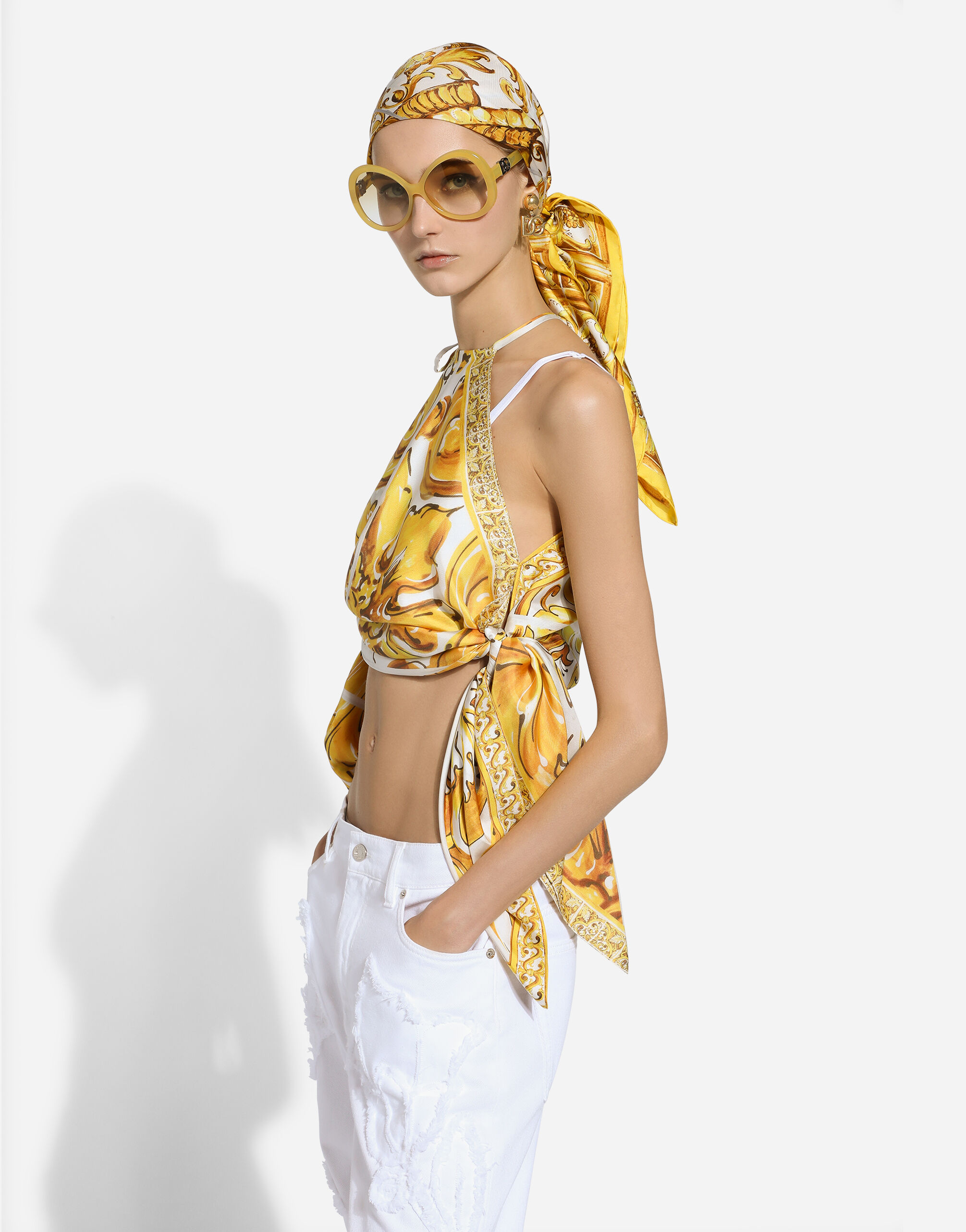 Silk twill halterneck top with majolica print in Print for