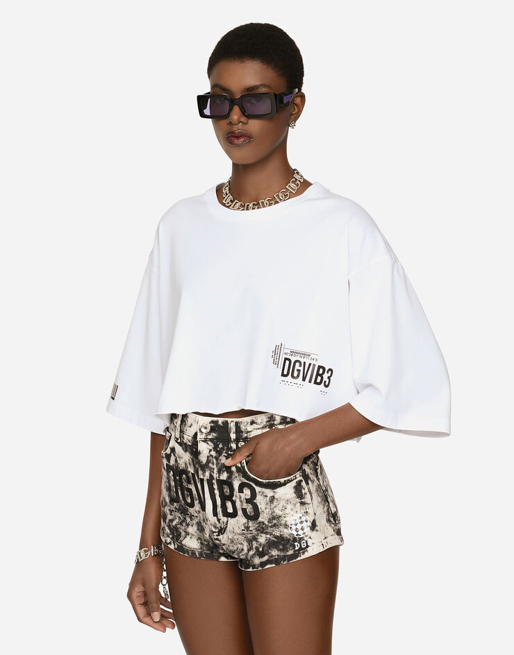 Dolce & Gabbana T-shirt cropped à manches courtes et col ras de cou en jersey de coton DGVIB3 Blanc F8U84TG7L2P