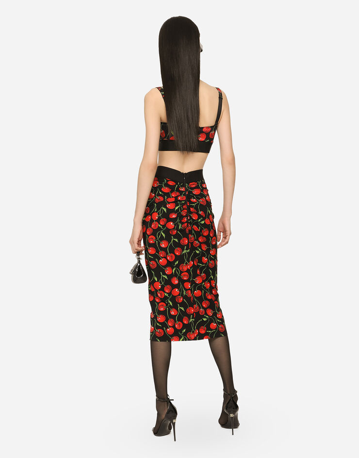 Dolce&Gabbana Technical jersey calf-length skirt with elasticated band with logo and cherry print Multicolor F4COCTFSG54