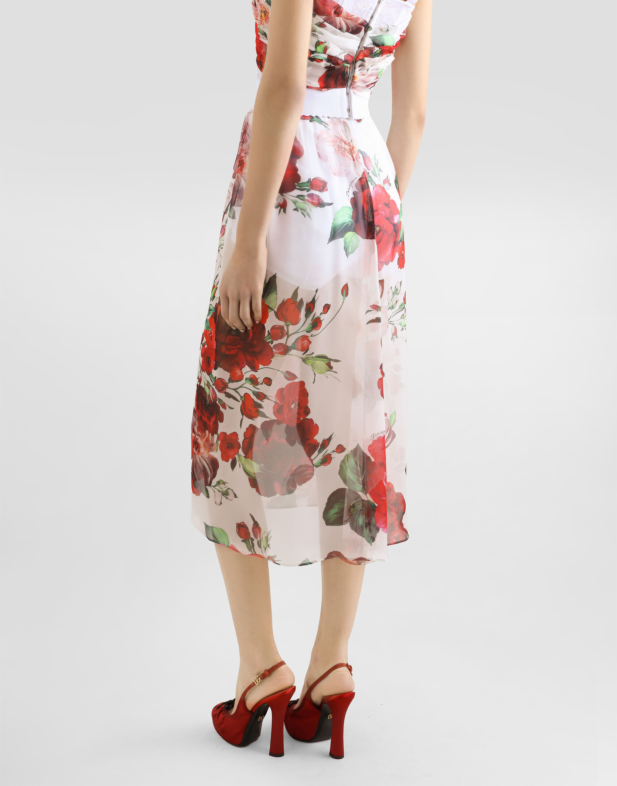 Rose-print chiffon calf-length skirt in Print for Women