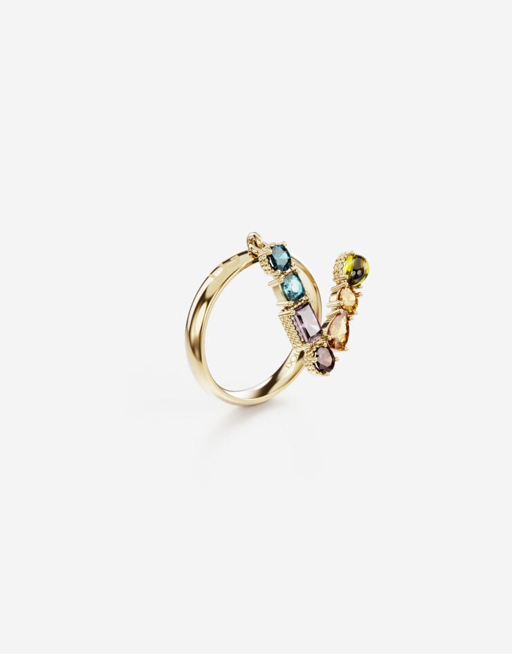 Dolce & Gabbana Rainbow alphabet V ring in yellow gold with multicolor fine gems Gold WRMR1GWMIXV