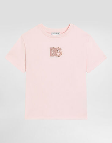 Dolce & Gabbana Jersey t-shirt with DG embroidery and rhinestones Pink L5JTQUG7P0K