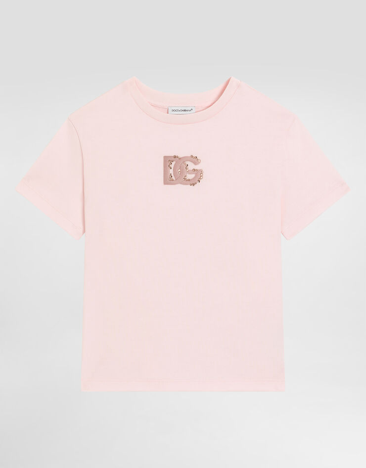 Dolce & Gabbana Jersey t-shirt with DG embroidery and rhinestones Pink L5JTQUG7P0K