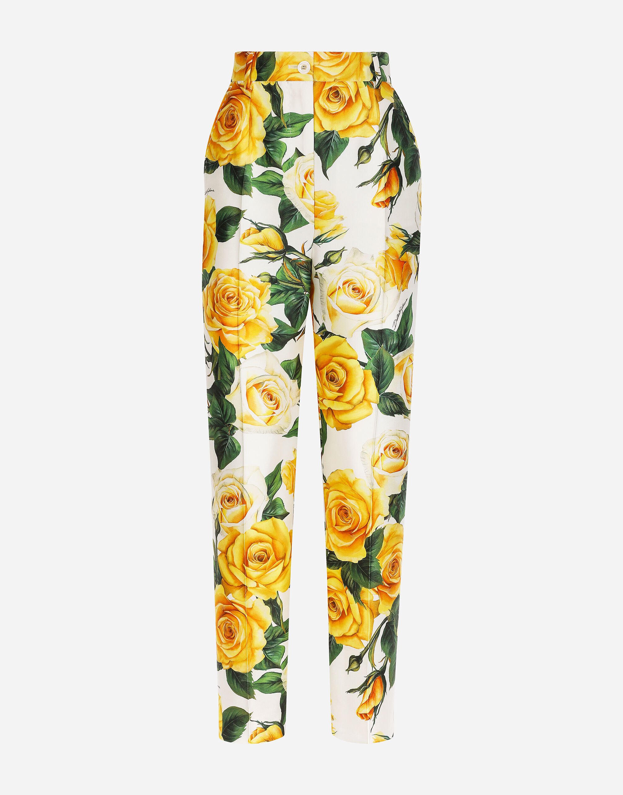 Dolce & Gabbana High-waisted mikado pants with yellow rose print Print F7W98THS5NO