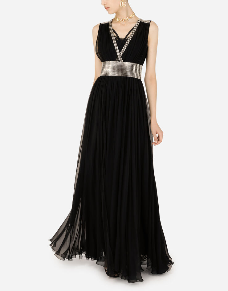 Dolce & Gabbana Robe longue en mousseline avec broderie de strass thermocollants Noir F6ZO1ZGD32T