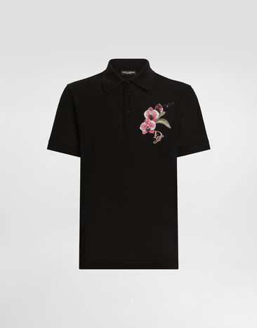 Dolce & Gabbana Cotton polo-shirt with floral patch Black G8SN1ZG7O5F
