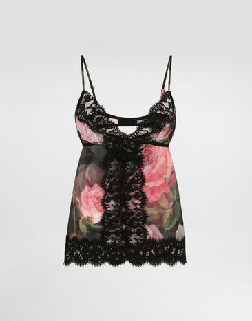 Dolce & Gabbana Chiffon and lace lingerie top with rose print Pale Pink O1B12TON06G