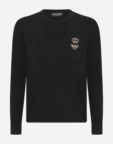 Dolce & Gabbana Round-neck wool sweater with embroidery Black GXE63ZJBVB2