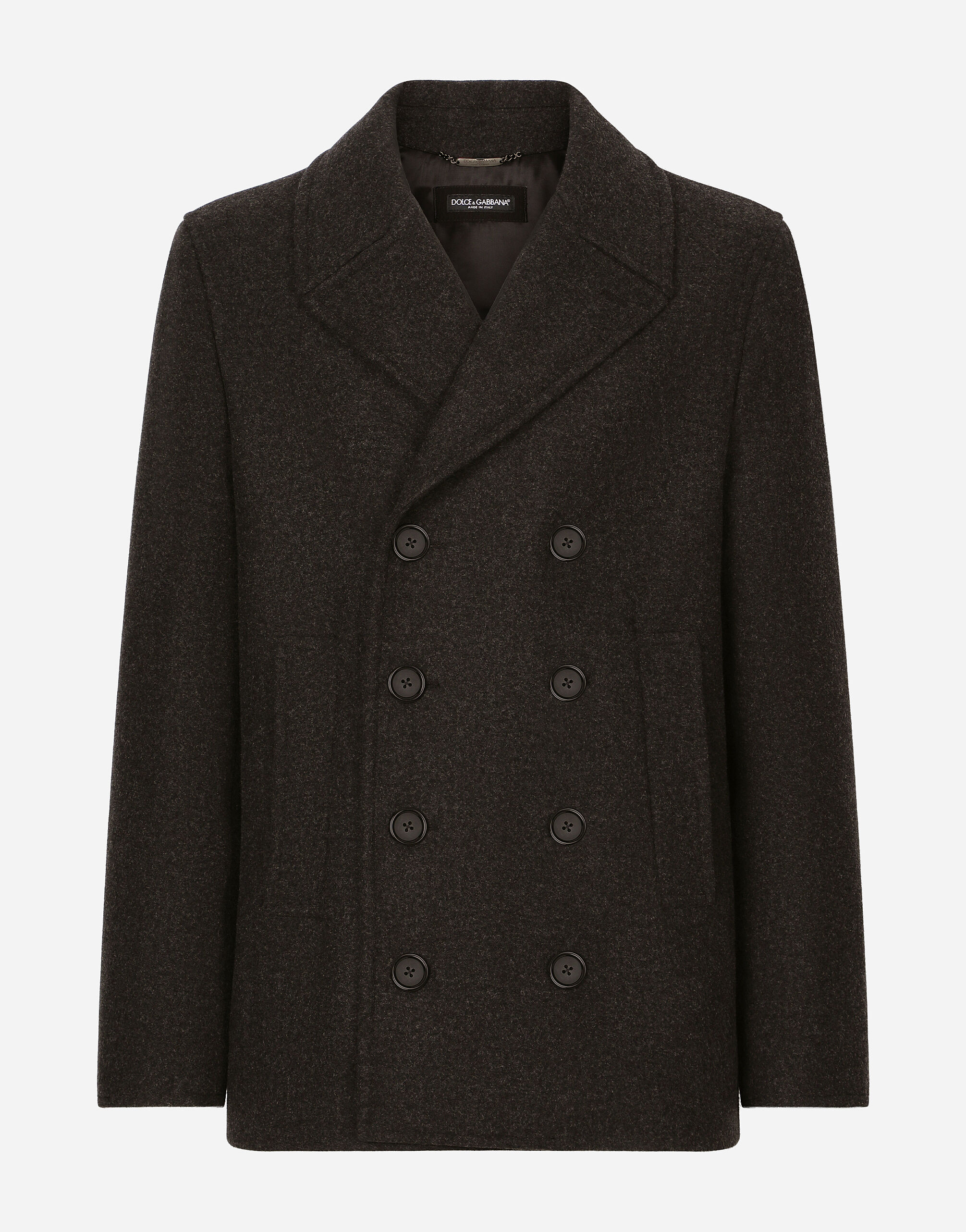 Double breasted wool pea coat with branded tag in Grey for