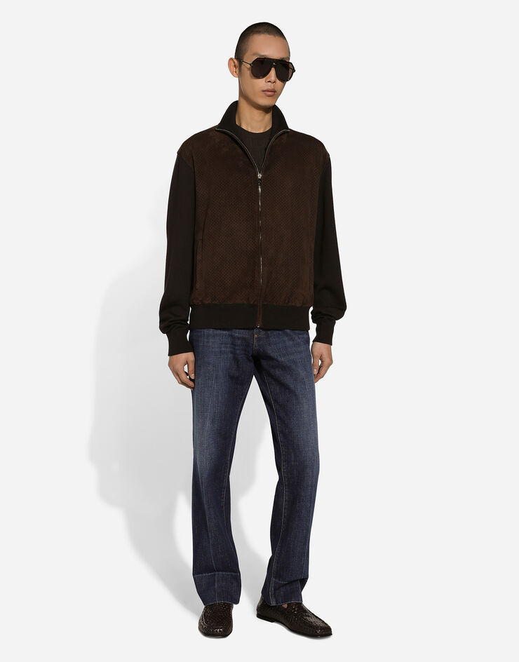Dolce & Gabbana Jacke mit hohem Kragen aus Wollgarn und Leder Braun GXV16TJFMDS