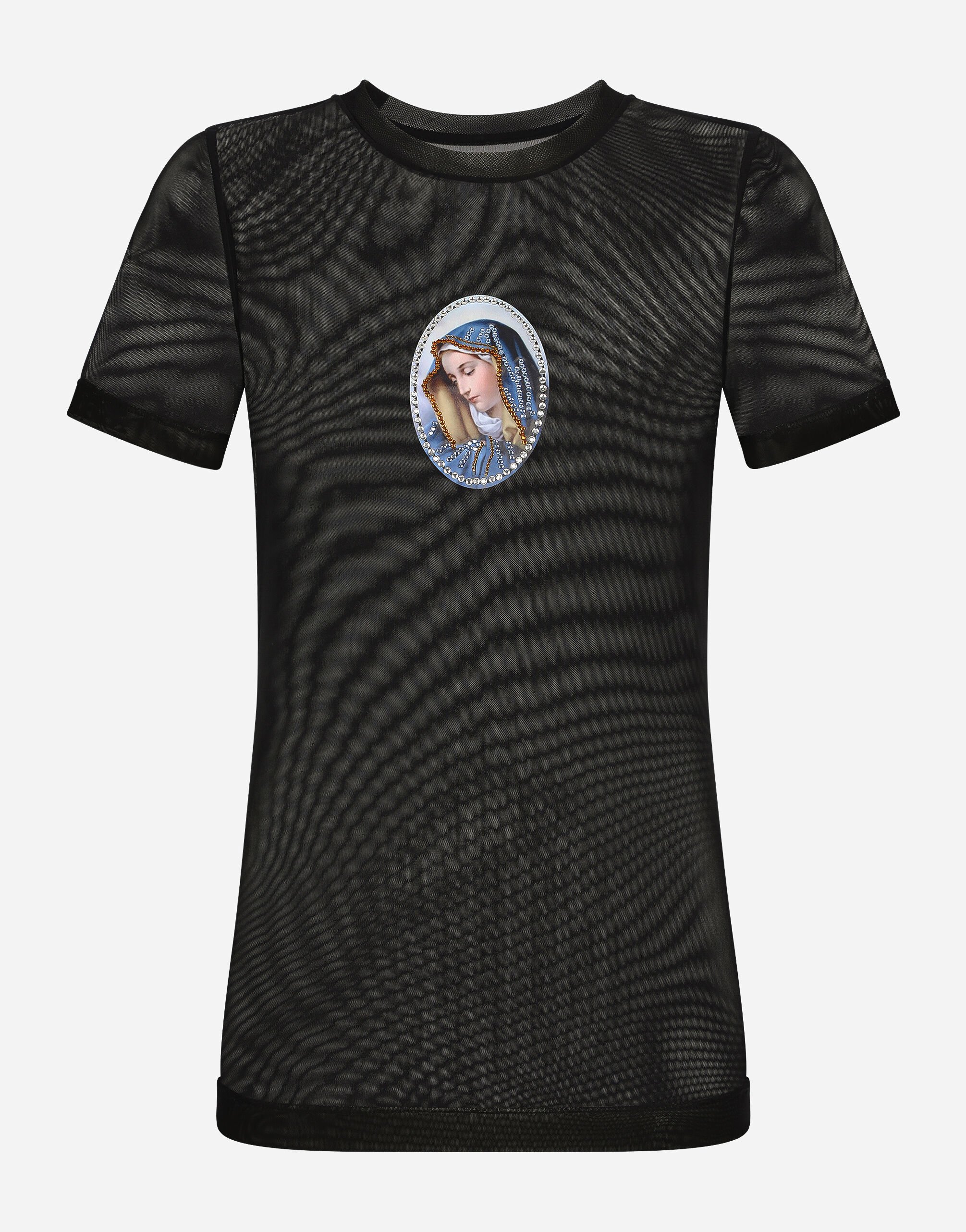 Dolce & Gabbana T-Shirt aus Tüll mit Patch Heiligenbild Schwarz VG6186VN187