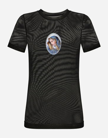 Dolce & Gabbana T-Shirt aus Tüll mit Patch Heiligenbild Mehrfarbig O9A13JFSG6D