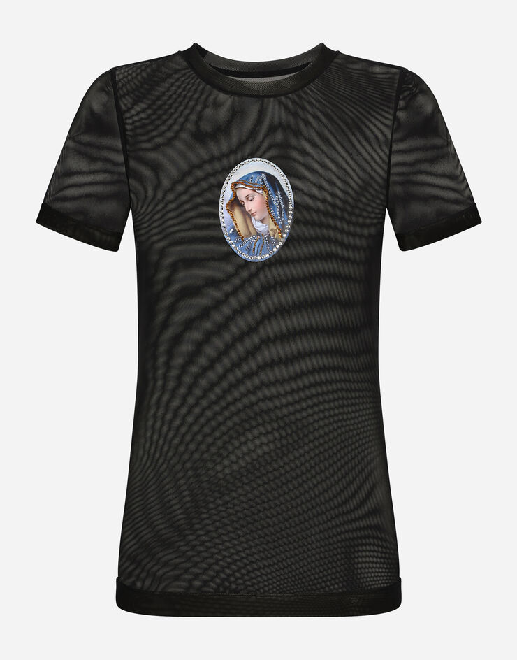 Dolce&Gabbana T-Shirt aus Tüll mit Patch Heiligenbild Mehrfarbig F8U26ZGDBUA
