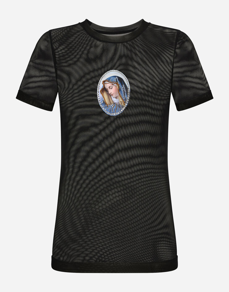 Dolce&Gabbana Tulle T-shirt with sacred image patch Multicolor F8U26ZGDBUA