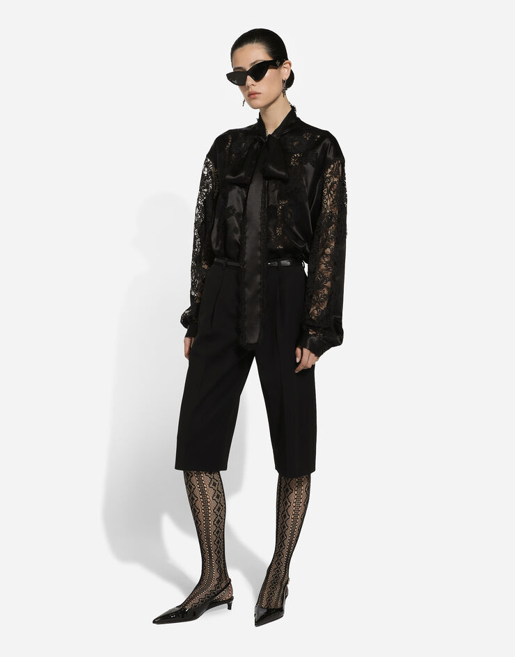 Dolce & Gabbana Oversize silk satin and lace shirt Black F5S44TFU1AU