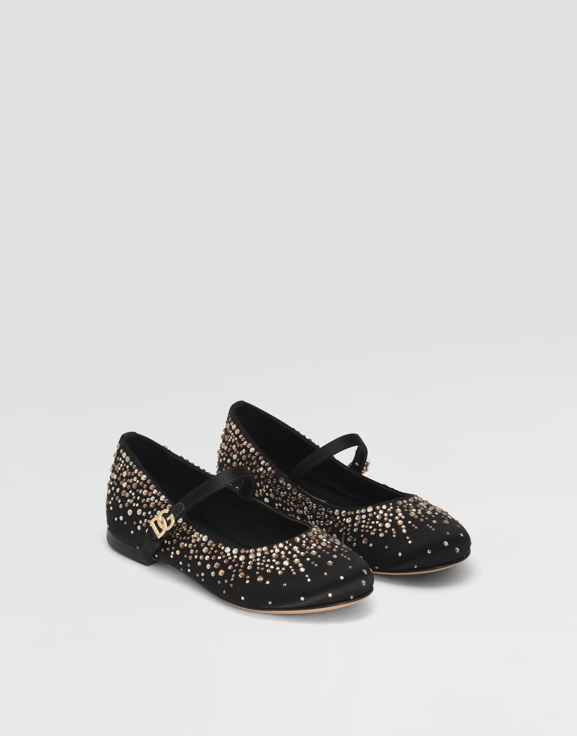 Satin ballet flats with rhinestones in Black for Girls Dolce Gabbana