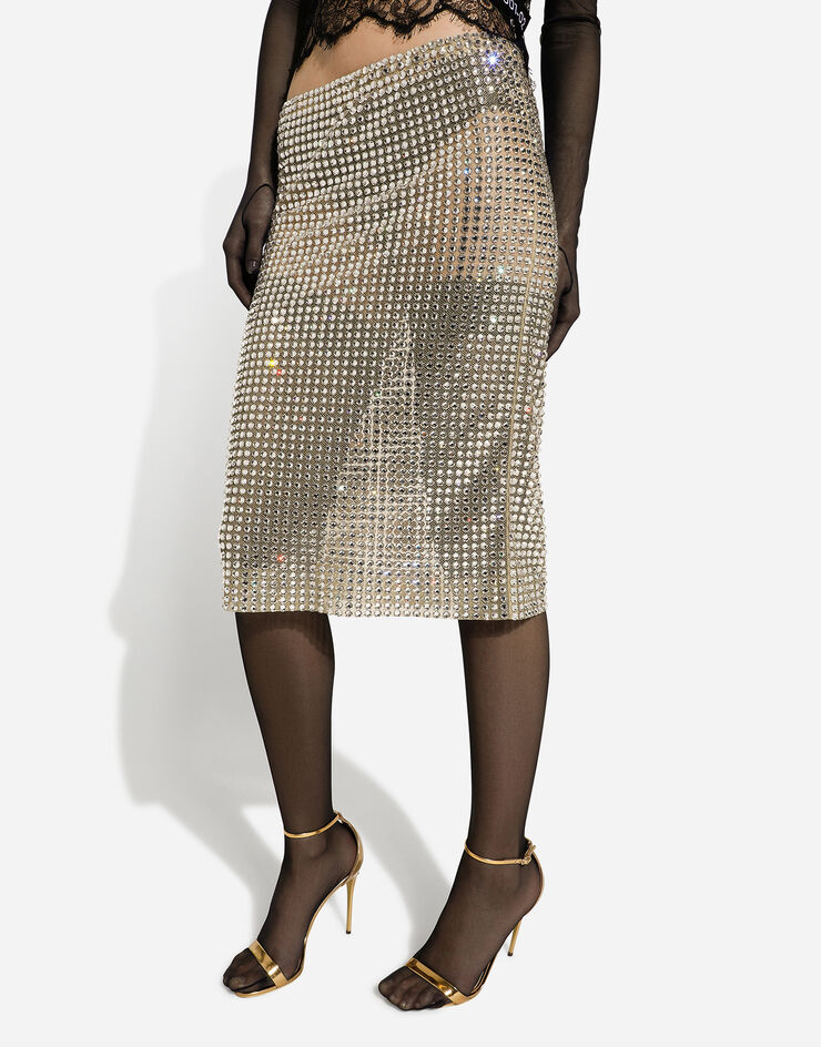 Dolce&Gabbana Gonna longuette in tulle con ricamo allover in termostrass Cristallo F4CRSZGDB2D