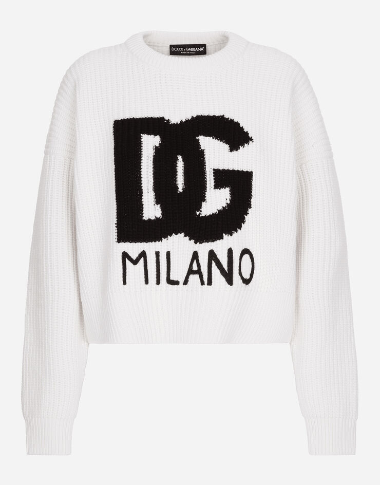 Dolce & Gabbana Ribbed wool sweater with DG logo Weiss FXW02ZJCVC2