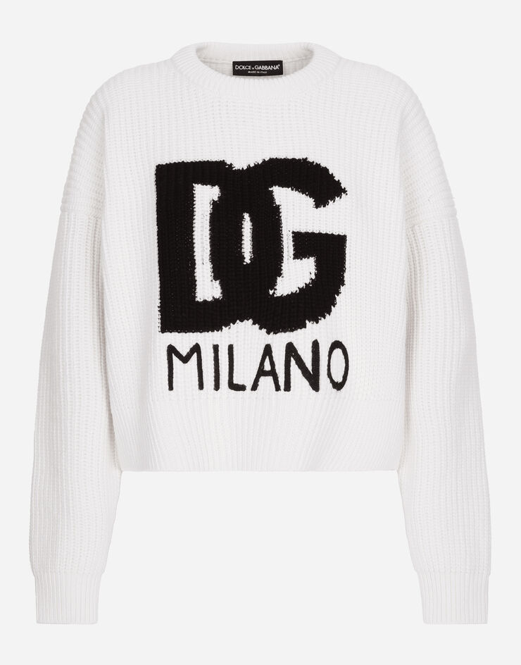 Dolce & Gabbana Ribbed wool sweater with DG logo White FXW02ZJCVC2